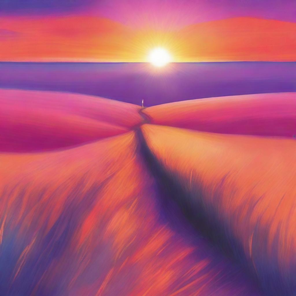 A beautiful sunset with a narrow path leading through a vast plain field, with the sky painted in different colors such as orange, pink, purple, and blue
