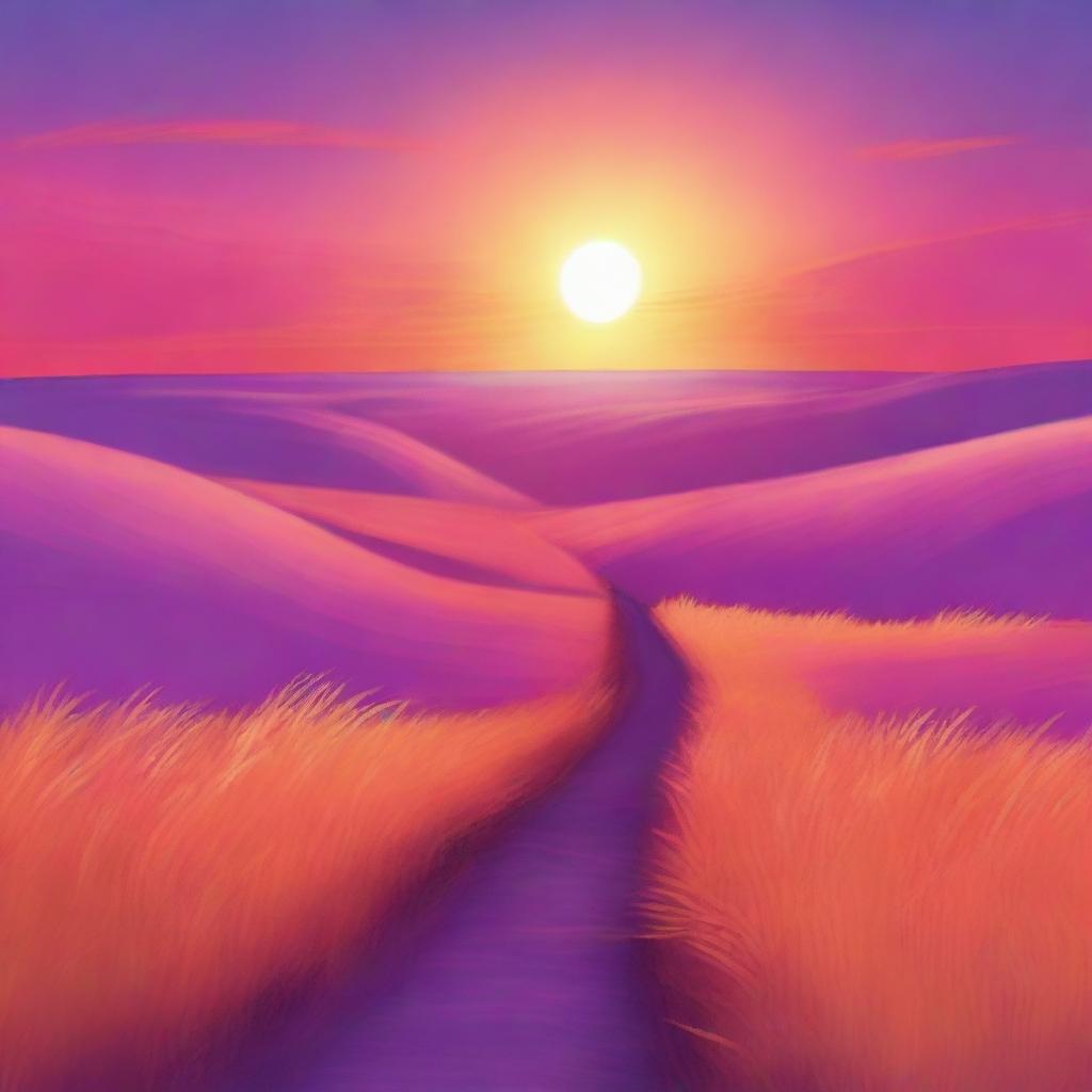 A beautiful sunset with a narrow path leading through a vast plain field, with the sky painted in different colors such as orange, pink, purple, and blue