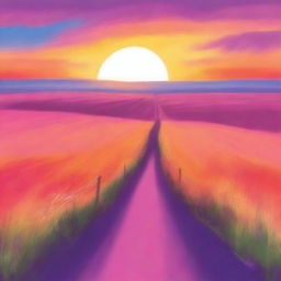 A beautiful sunset with a narrow path leading through a vast plain field, with the sky painted in different colors such as orange, pink, purple, and blue