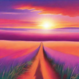 A beautiful sunset with a narrow path leading through a vast plain field, with the sky painted in different colors such as orange, pink, purple, and blue