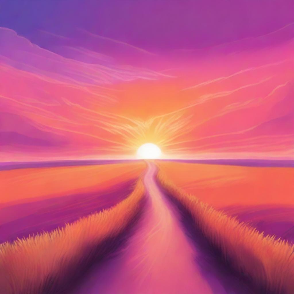 A beautiful sunset with a narrow path leading through a vast plain field, with the sky painted in different colors such as orange, pink, purple, and blue