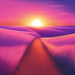 A beautiful sunset with a narrow path leading through a vast plain field, with the sky painted in different colors such as orange, pink, purple, and blue