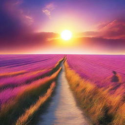 A beautiful sunset with a narrow path leading through a vast plain field, with the sky painted in different colors such as orange, pink, purple, and blue