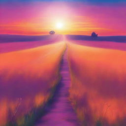 A beautiful sunset with a narrow path leading through a vast plain field, with the sky painted in different colors such as orange, pink, purple, and blue