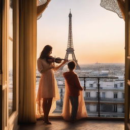 A girl playing the violin on a balcony in Paris, with a boy admiring her holding a letter in his hands