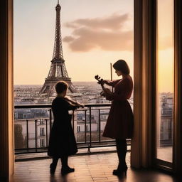 A girl playing the violin on a balcony in Paris, with a boy admiring her holding a letter in his hands