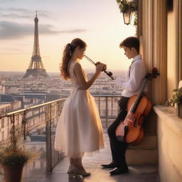 A girl playing the violin on a balcony in Paris, with a boy admiring her holding a letter in his hands