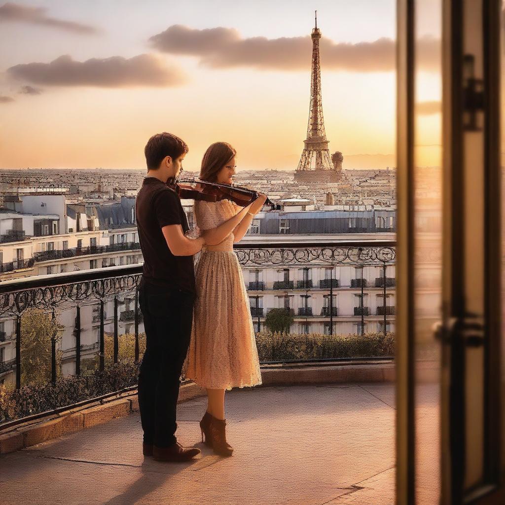 A girl playing the violin on a balcony in Paris, with a boy admiring her while holding a letter in his hands