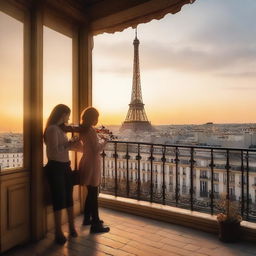 A girl playing the violin on a balcony in Paris, with a boy admiring her while holding a letter in his hands