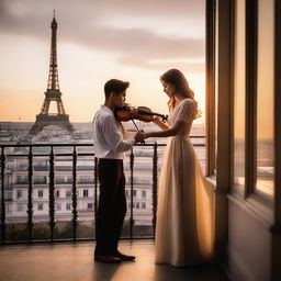 A girl playing the violin on a balcony in Paris, with a boy admiring her while holding a letter in his hands