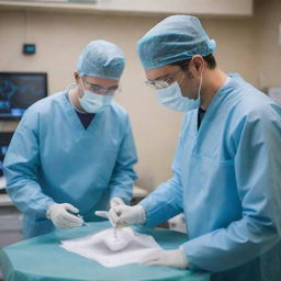 Two concentrated vascular surgeons in a high-tech surgical room, actively involved in the intricate process of creating an arteriovenous fistula for hemodialysis treatment.