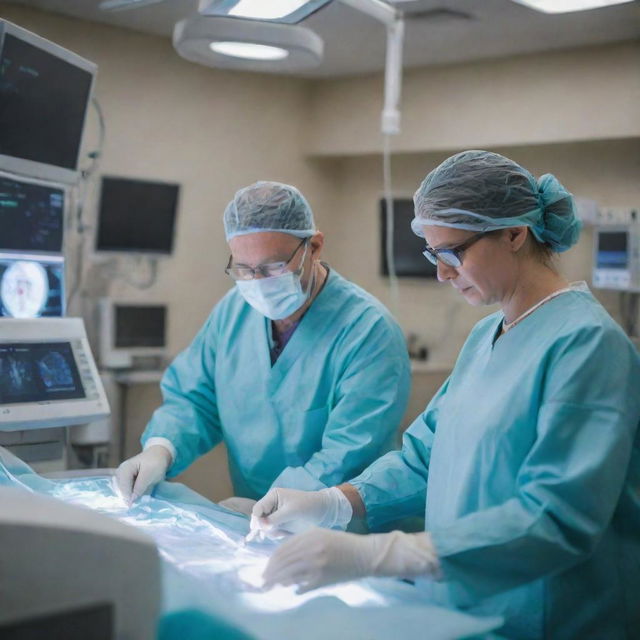 Two concentrated vascular surgeons in a high-tech surgical room, actively involved in the intricate process of creating an arteriovenous fistula for hemodialysis treatment.