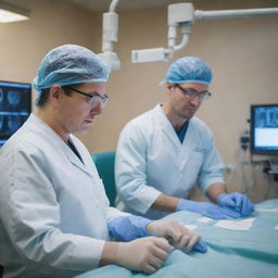 Two concentrated vascular surgeons in a high-tech surgical room, actively involved in the intricate process of creating an arteriovenous fistula for hemodialysis treatment.