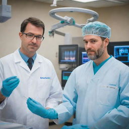 Two concentrated vascular surgeons in a high-tech surgical room, actively involved in the intricate process of creating an arteriovenous fistula for hemodialysis treatment.