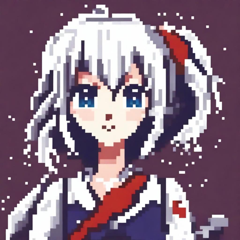 A pixel art image of an anime girl with white hair