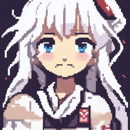 A pixel art image of an anime girl with white hair