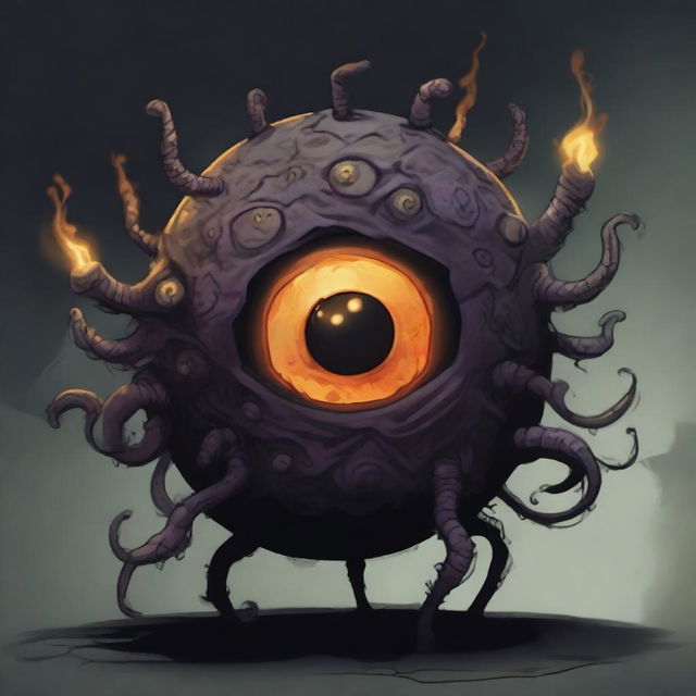 A detailed illustration of a Beholder, a floating spherical creature with a large central eye and multiple smaller eyes on stalks