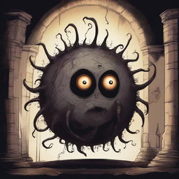 A detailed illustration of a Beholder, a floating spherical creature with a large central eye and multiple smaller eyes on stalks