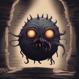 A detailed illustration of a Beholder, a floating spherical creature with a large central eye and multiple smaller eyes on stalks