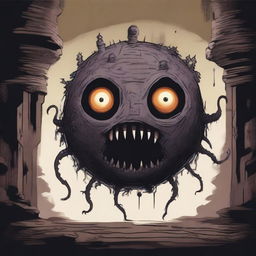 A detailed illustration of a Beholder, a floating spherical creature with a large central eye and multiple smaller eyes on stalks