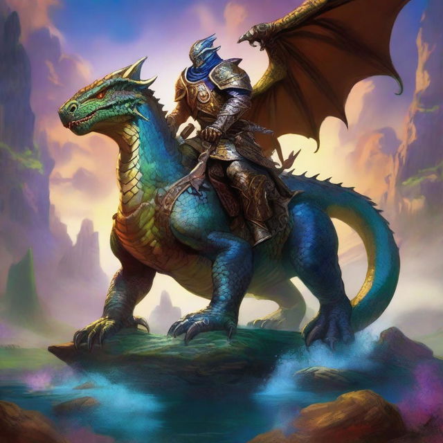 A majestic Dragonborn paladin, clad in shining armor, is riding a giant, fearsome lizard