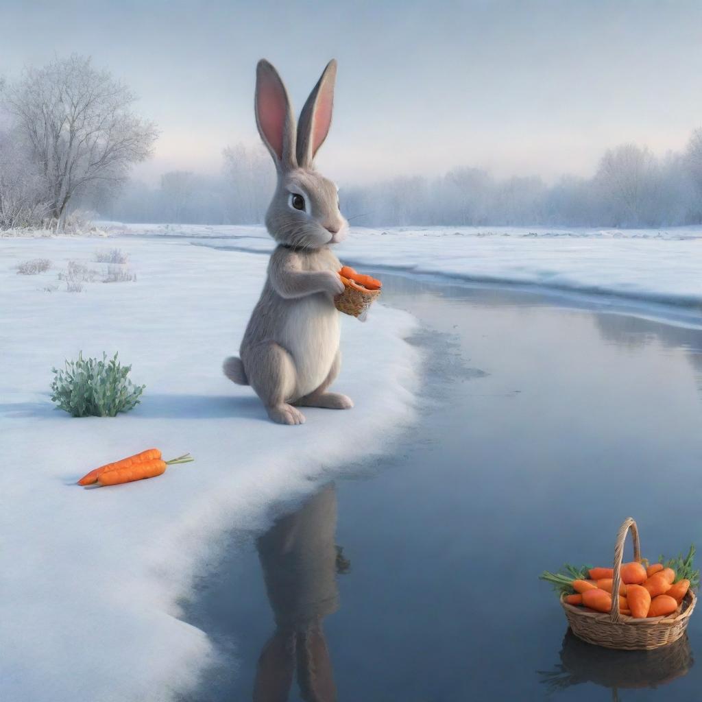 A emotive cartoon scenery featuring a saddened bunny standing on the frosty edge of a river, clutching a basket full of carrots. It exudes an air of desolation and confusion, effectively communicating a sense of being lost.