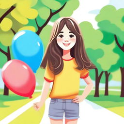 Create an image of a young girl with a cheerful expression, wearing casual clothes, and standing in a sunny park