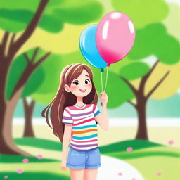 Create an image of a young girl with a cheerful expression, wearing casual clothes, and standing in a sunny park