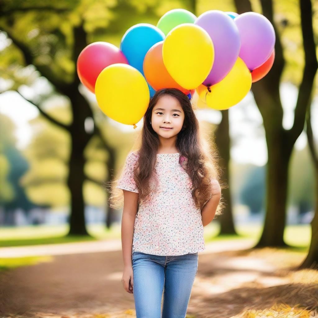 Create an image of a young girl with a cheerful expression, wearing casual clothes, and standing in a sunny park