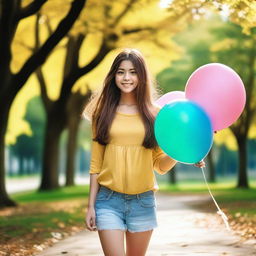 Create an image of a young girl with a cheerful expression, wearing casual clothes, and standing in a sunny park