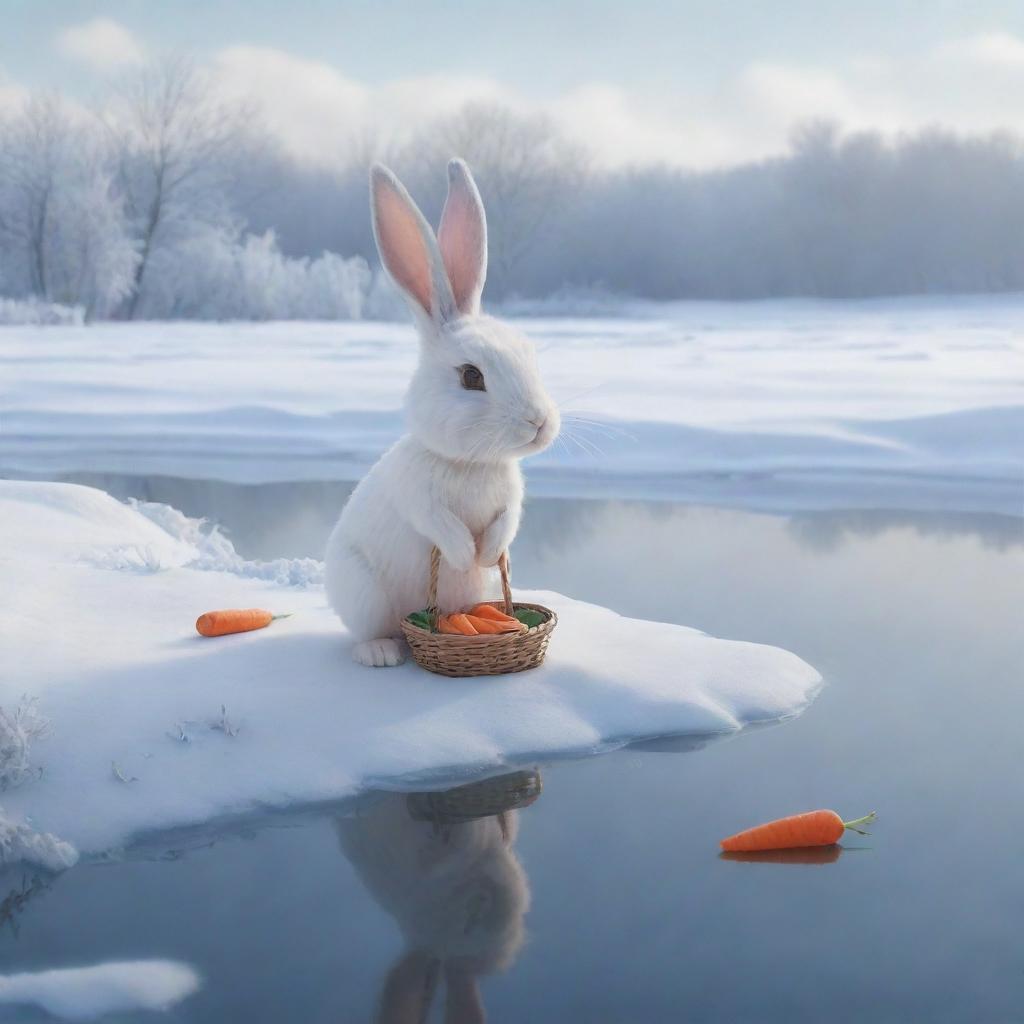 A emotive cartoon scenery featuring a saddened bunny standing on the frosty edge of a river, clutching a basket full of carrots. It exudes an air of desolation and confusion, effectively communicating a sense of being lost.