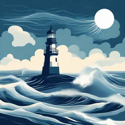 Generate a symbolic realism style image of a human mind represented as a vast ocean, with calm and stormy waves symbolizing different stages of mental health