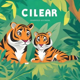 A vibrant and colorful children's book cover featuring a family of tigers in a lush jungle setting