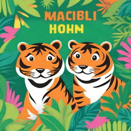 A vibrant and colorful children's book cover featuring a family of tigers in a lush jungle setting