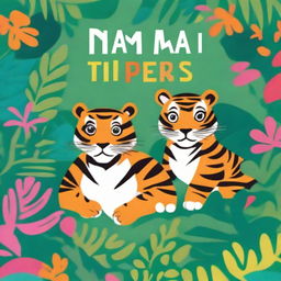 A vibrant and colorful children's book cover featuring a family of tigers in a lush jungle setting