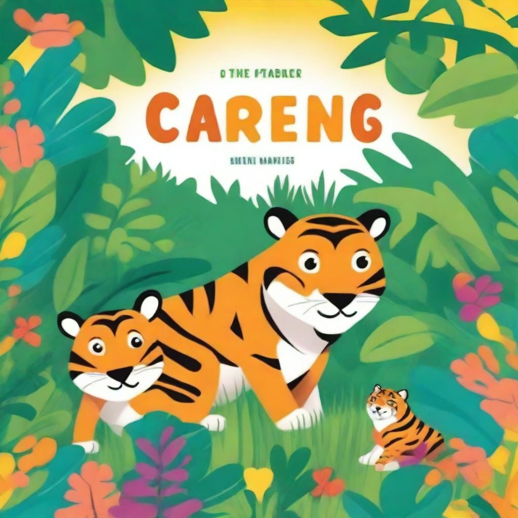 A vibrant and colorful children's book cover featuring a family of tigers in a lush jungle setting