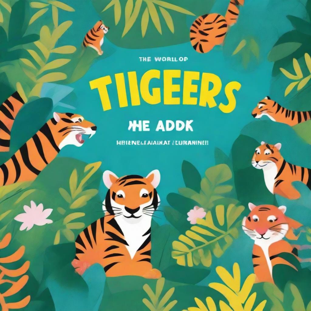 A vibrant and colorful children's book cover featuring a playful tiger in a lush jungle setting