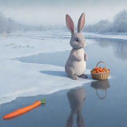 A emotive cartoon scenery featuring a saddened bunny standing on the frosty edge of a river, clutching a basket full of carrots. It exudes an air of desolation and confusion, effectively communicating a sense of being lost.