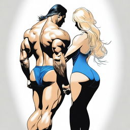 Create an image of a large, muscular blonde man seen from behind, holding hands with a woman who has long black hair and is wearing sexy blue lingerie