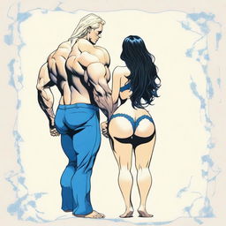 Create an image of a large, muscular blonde man seen from behind, holding hands with a woman who has long black hair and is wearing sexy blue lingerie