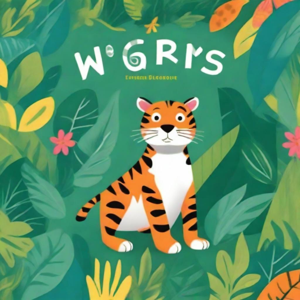 A vibrant and colorful children's book cover featuring a playful tiger in a lush jungle