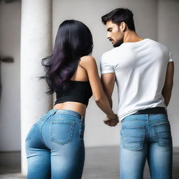 Un hombre rubio de cabello corto de espalda usando una remera negra y un pantalón de jeans, tomado de la mano de una mujer de glúteos enormes y cabello negro largo