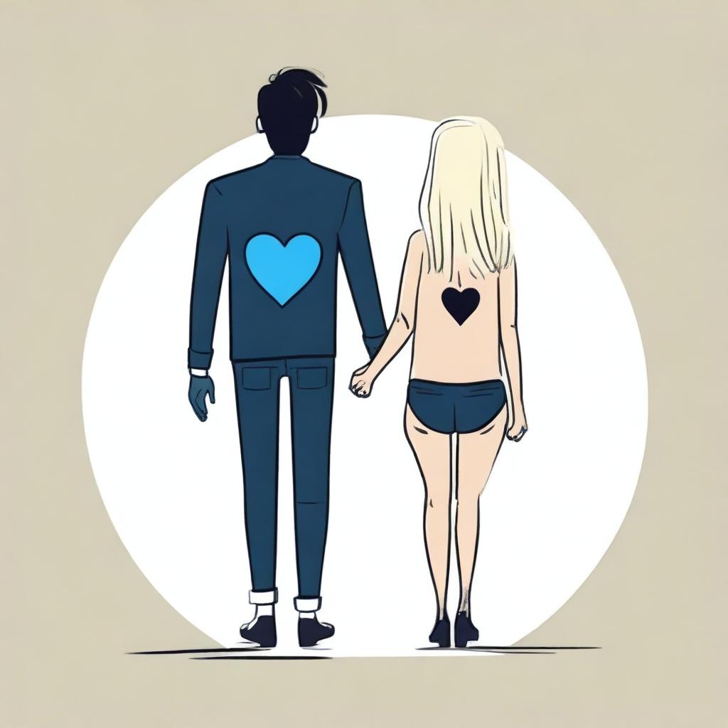 Draw a tall man with short blonde hair seen from the back holding hands with a woman who has large buttocks and long black hair