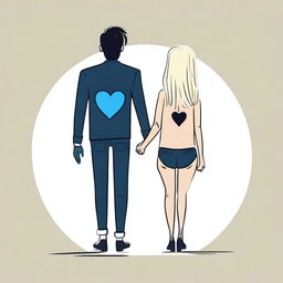 Draw a tall man with short blonde hair seen from the back holding hands with a woman who has large buttocks and long black hair