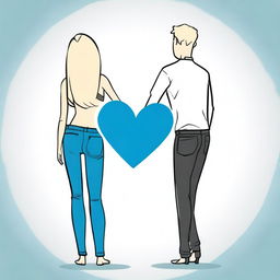 Draw a tall man with short blonde hair seen from the back holding hands with a woman who has large buttocks and long black hair