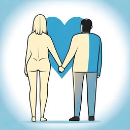 Draw a tall man with short blonde hair seen from the back holding hands with a woman who has large buttocks and long black hair