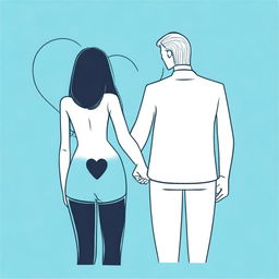 Draw a tall man with short blonde hair seen from the back holding hands with a woman who has large buttocks and long black hair