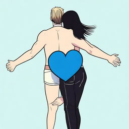 A tall man with short blonde hair seen from the back, holding hands with a woman who has large buttocks and long black hair