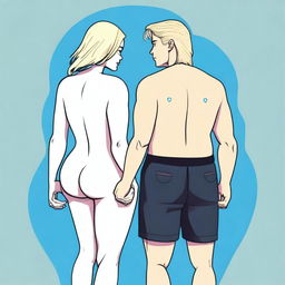 A tall man with short blonde hair seen from the back, holding hands with a woman who has large buttocks and long black hair