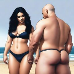 A realistic image of a bald man with a blonde beard dressed in black, holding hands with a woman with long black hair and large buttocks, wearing blue underwear